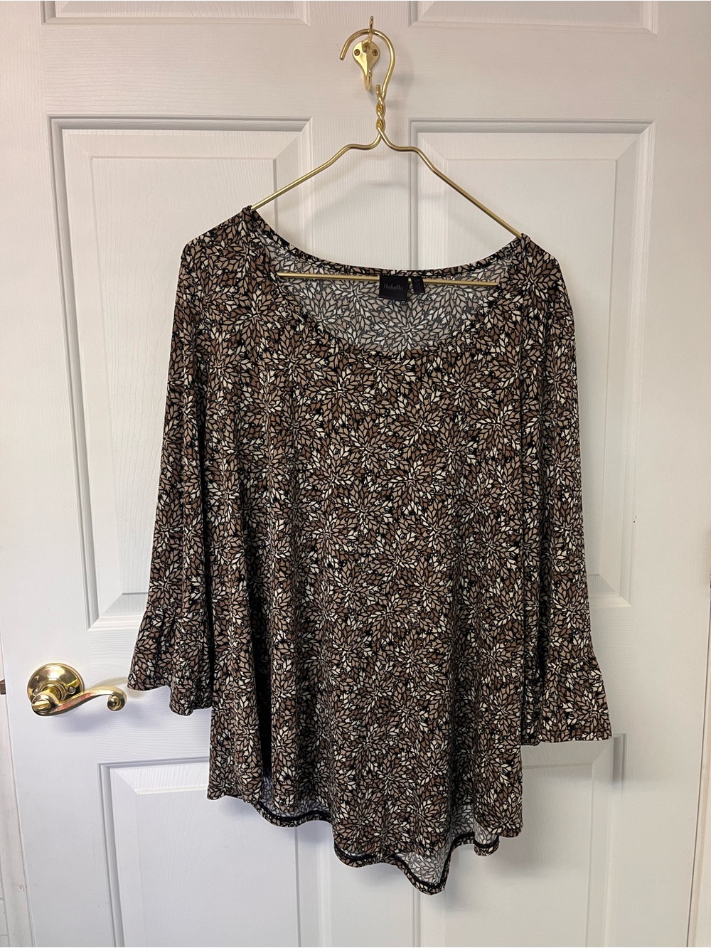 Rafaella Brown Fall Print Long Sleeve Top asymmetrical hem bell cuff sleeve